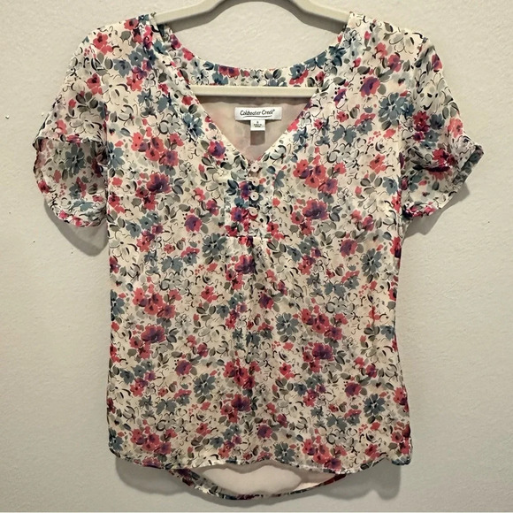 Coldwater creek floral silk short sleeve button detail blouse small - Picture 1 of 8